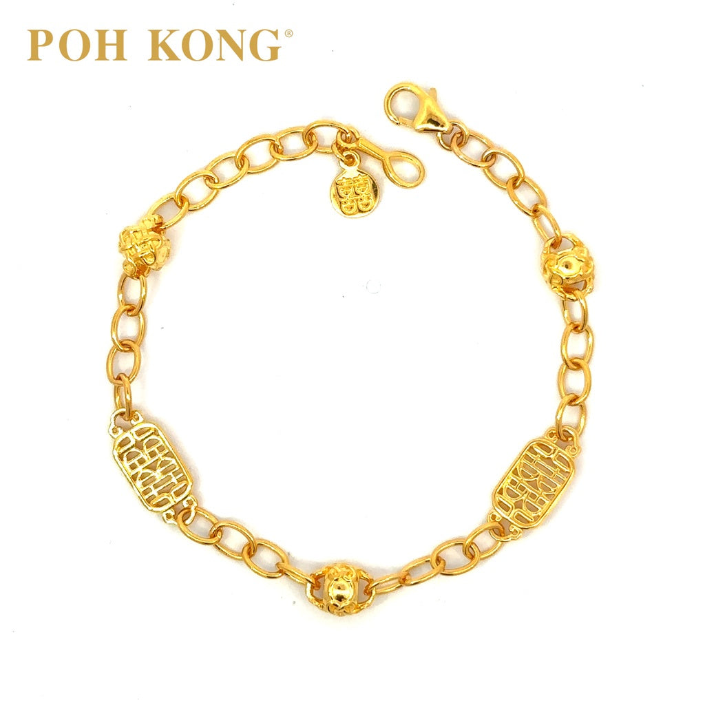 POH KONG 916 22K Yellow Gold Happy Love Endless Happiness with Three Ruyi Beans Bracelet
