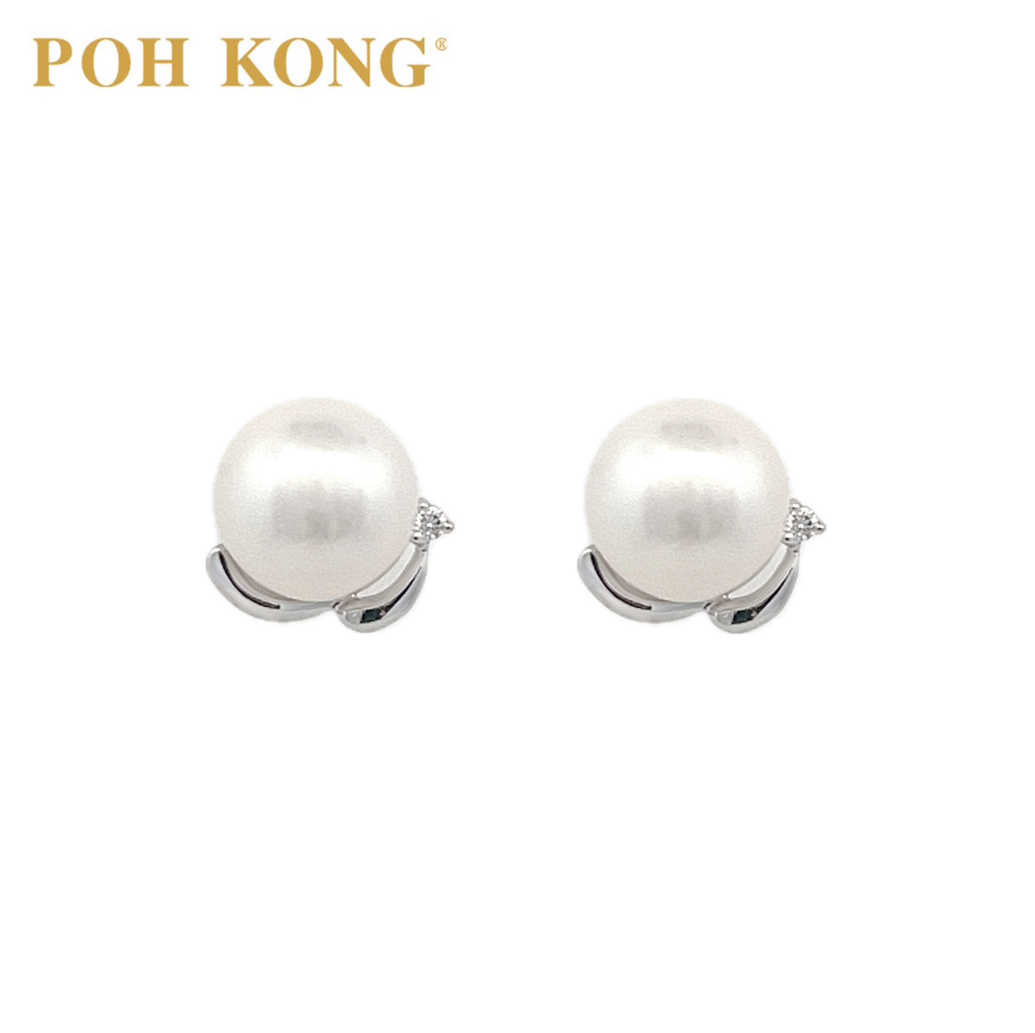 POH KONG 585 14K White Gold Maile Leaf Pearl With Diamond Stud Earrings