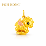 POH KONG 999/24K Yellow Gold Pink Enamel Ribbon Horse Pendant