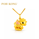 POH KONG 999/24K Yellow Gold Pink Enamel Ribbon Horse Pendant