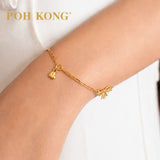 POH KONG 916/22K Yellow Gold Ribbon and Dangling Heart Charm Bracelet