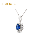 POH KONG 750/18K White Gold Oval Blue Sapphire Diamond Halo Pendant