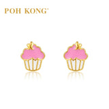 POH KONG 916/22K Yellow Gold Pink Enamel Cupcake Stud Earrings